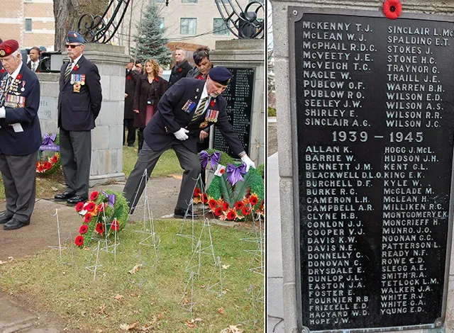 ve-day Left: 2015 Remembrance Day ceremonies. Right: Closeup of plaque.