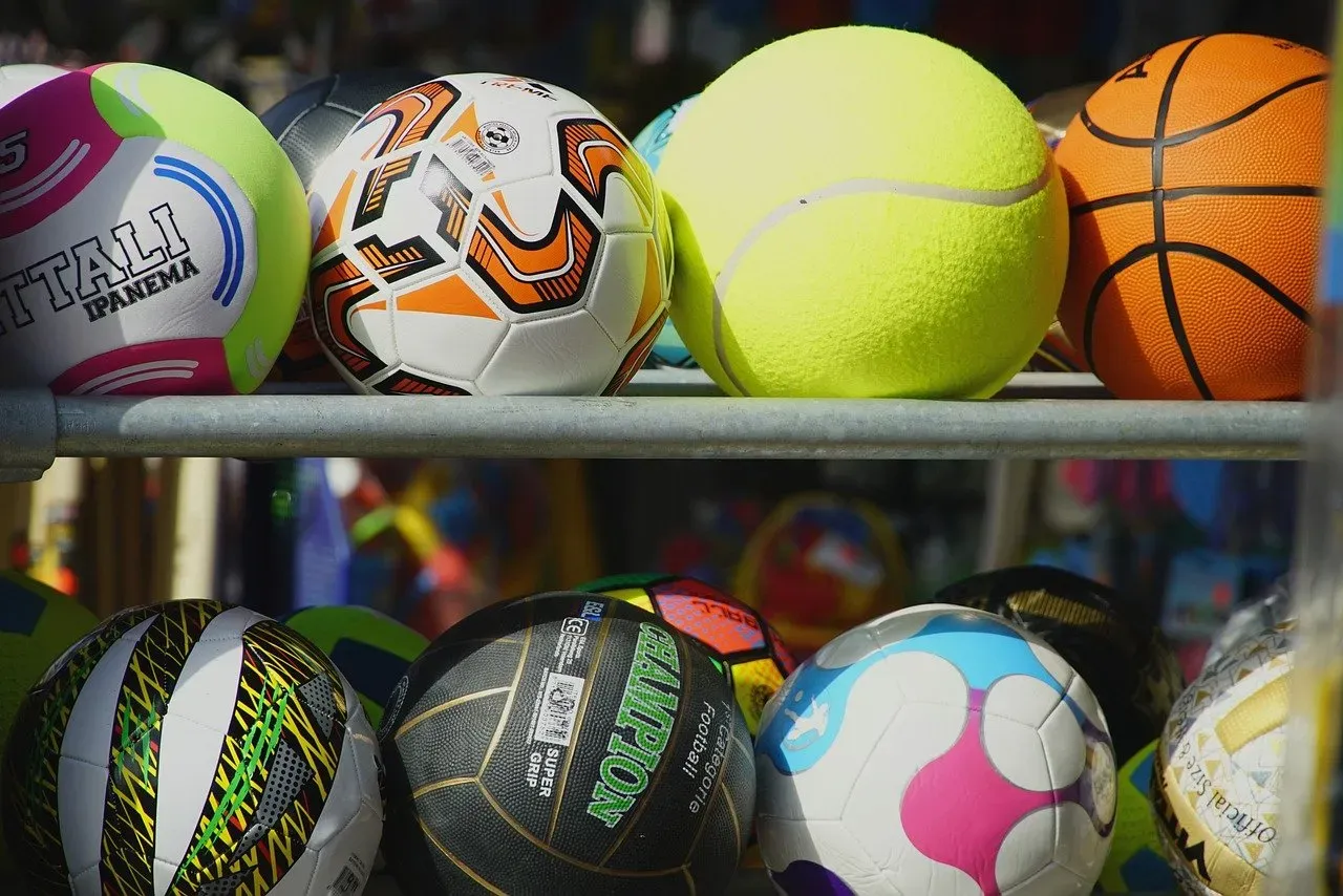 Different types of sport balls sitting on a rack.