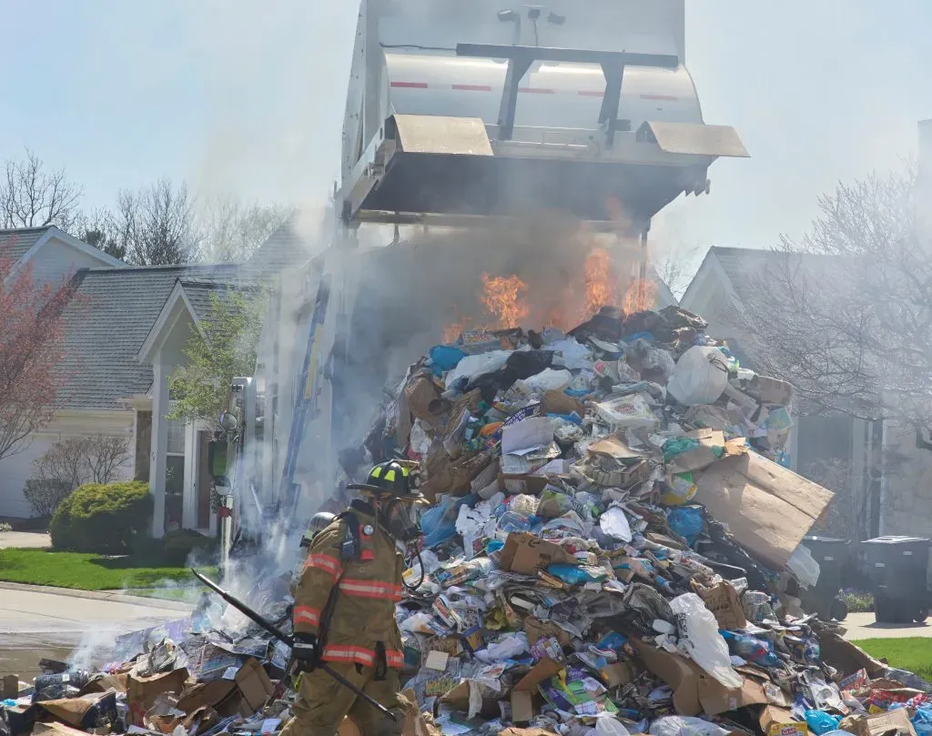 Garbage Truck fire. During Fire Prevention Week on tip is to dispose of lithium-ion batteries properly.