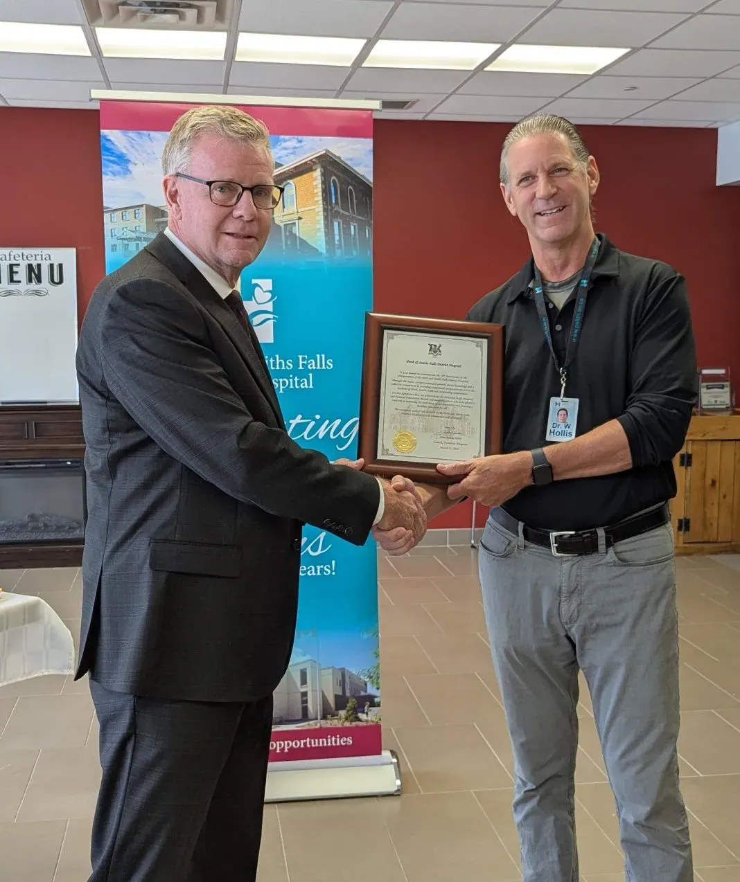 MPP John Jordan presenting recognition for PSFDH 30th anniversary of amalgamation