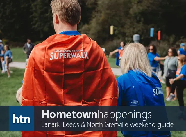 Male wearing read cape, female wearing blue cape both read Parkinson Canada SuperWalk. Parkinson Canada SuperWalk is one of the events listed in this weekend's Hometown Happenings.